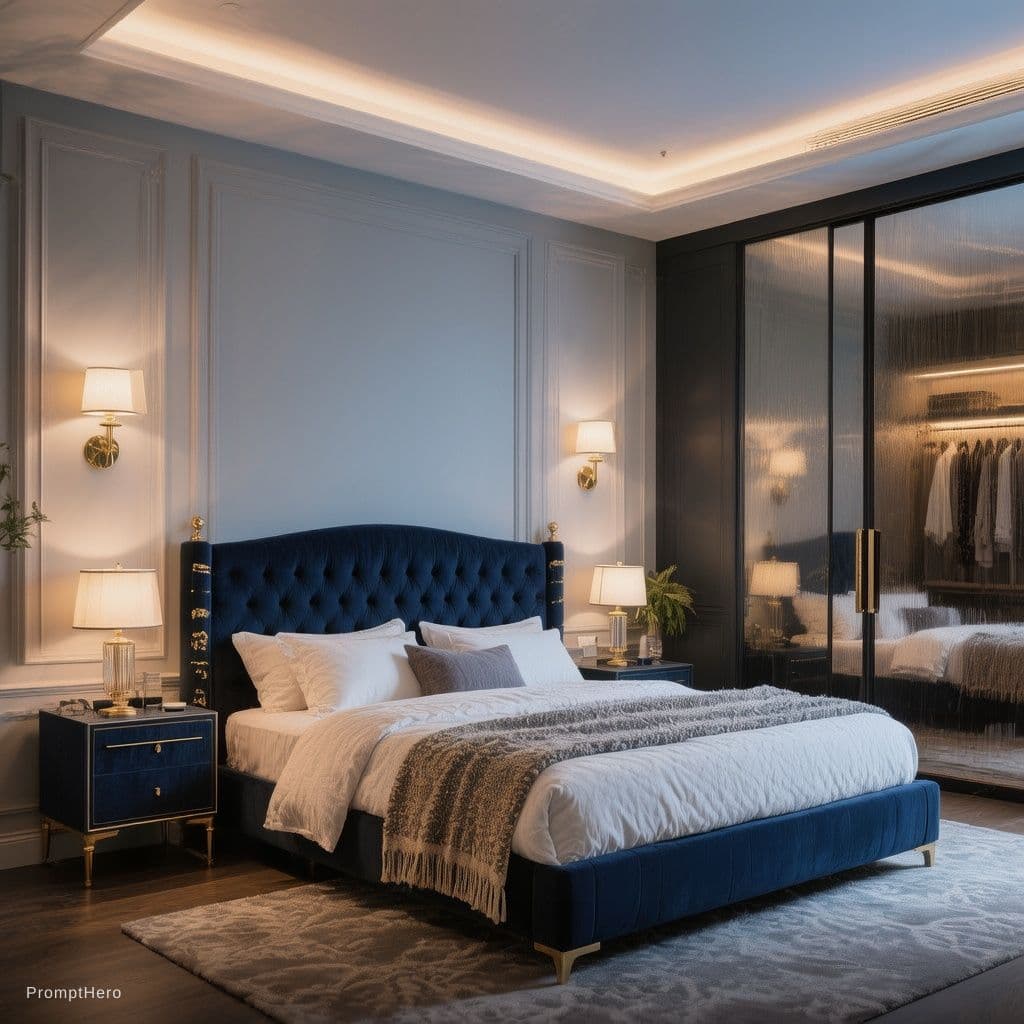 AI generated: Master bedroom in a 3 BHK, luxury hotel aesthetic, navy blue upholstered bed with tufted headboard, ...