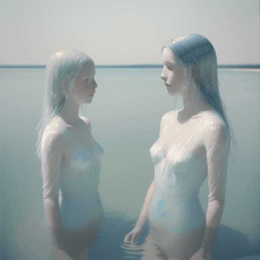 AI generated: two women standing next to each other in the water, brushed white and blue paint, by Whitney Sherman...