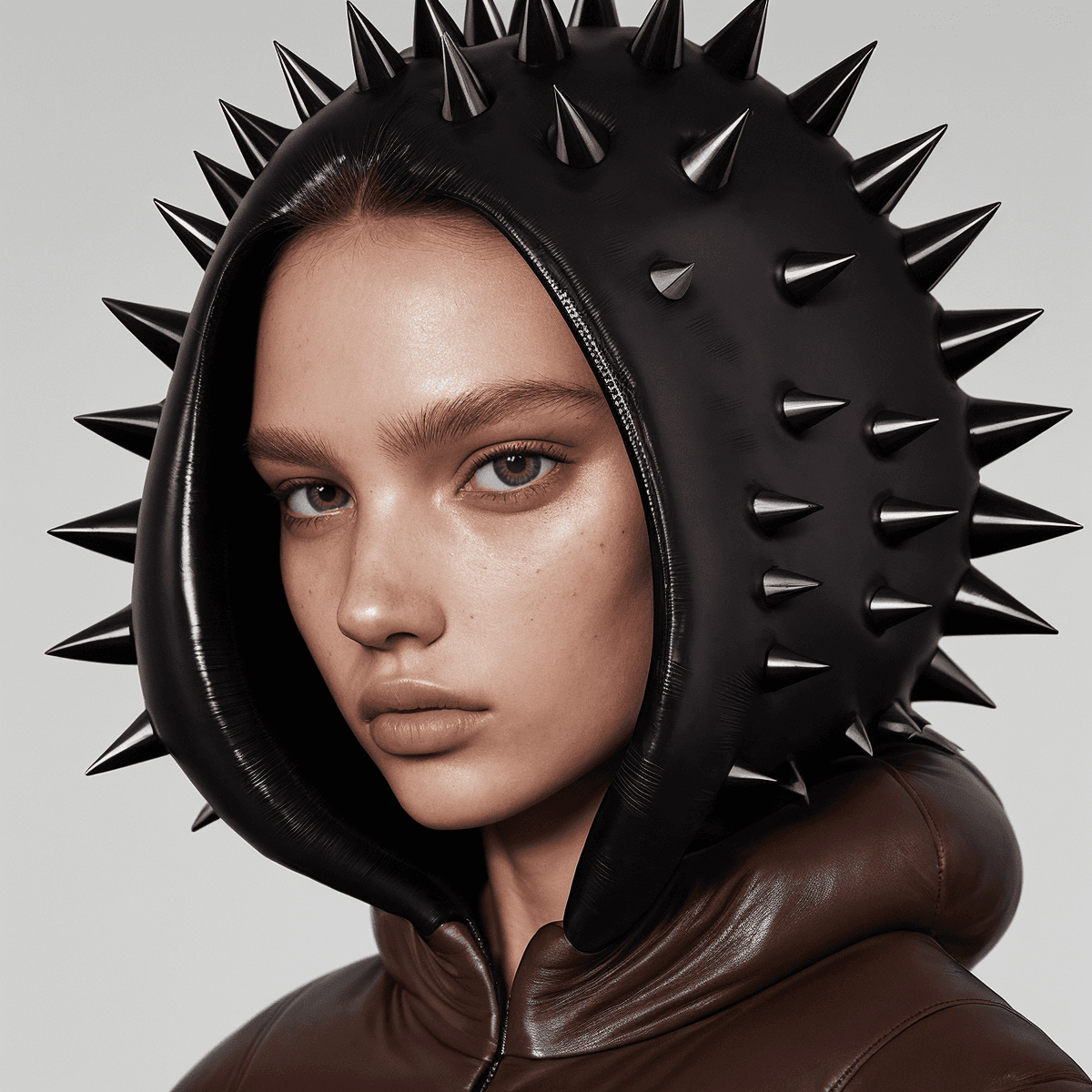 AI generated: posing wearing(( inflated leather inflated spiked inflated jacket)) ,(volumetric hoody inside style)...