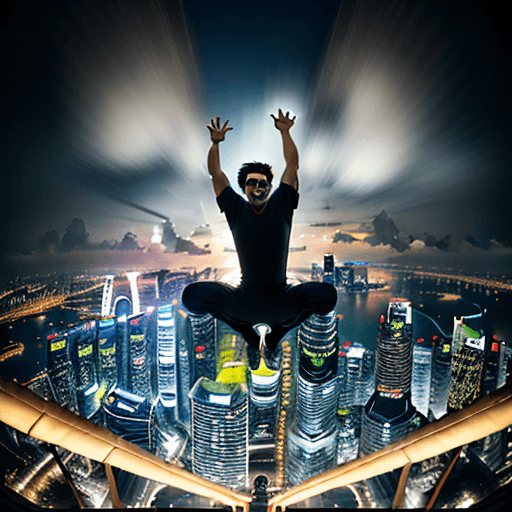 AI generated: A photograph of a man, mid-jump in the air, with opened feet, amidst the sprawling Singapore skyline...
