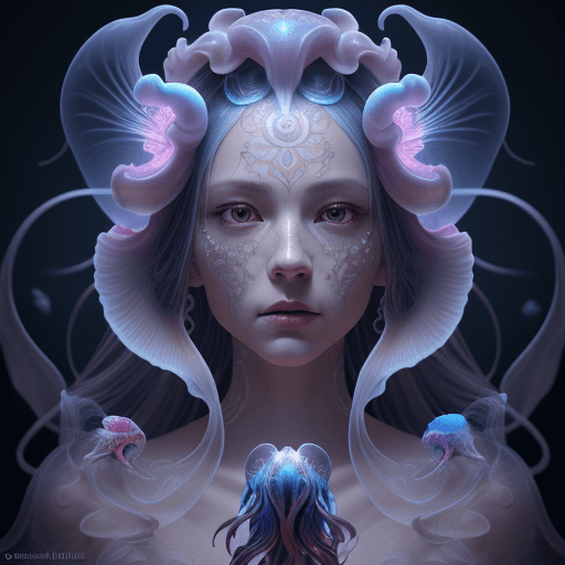 AI generated: Goddess close-up portrait ribcagel. jellyfish phoenix head, nautilus, orchid, skull, betta fish, bio...