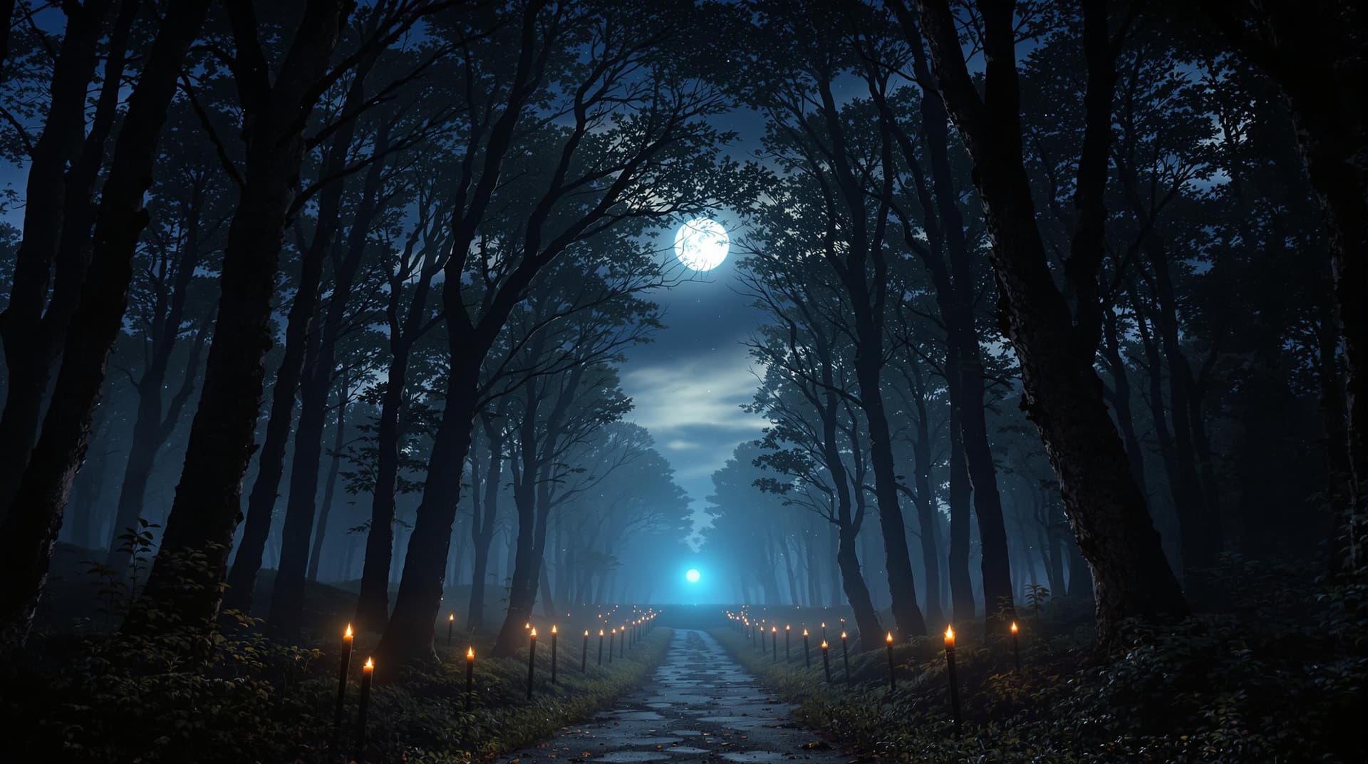 AI generated: a dark misty fairy tale forest at night time, a large gap in the trees at the centre of the image an...