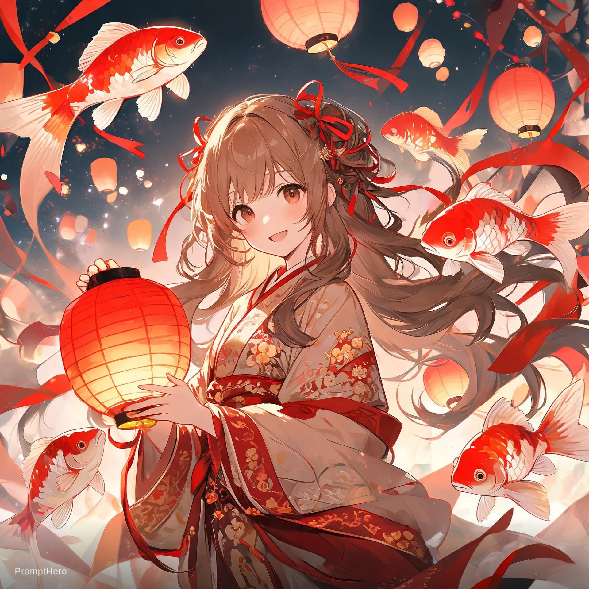 AI generated: a young lady with lanterns and koi fish, in the style of dynamic anime, light brown and red, festive...