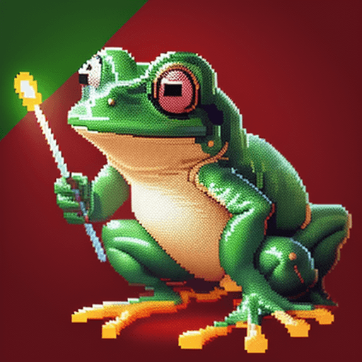 AI generated: a pixel art illustration of an green frog Holding a red light stick White background Potrait Centere...