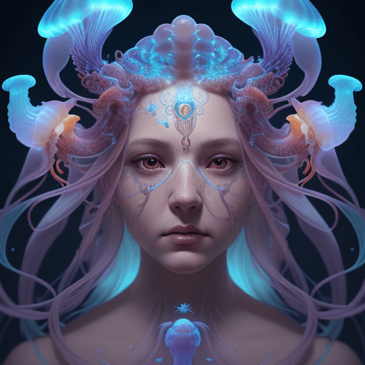AI generated: Goddess close-up portrait ribcagel. jellyfish phoenix head, nautilus, orchid, skull, betta fish, bio...