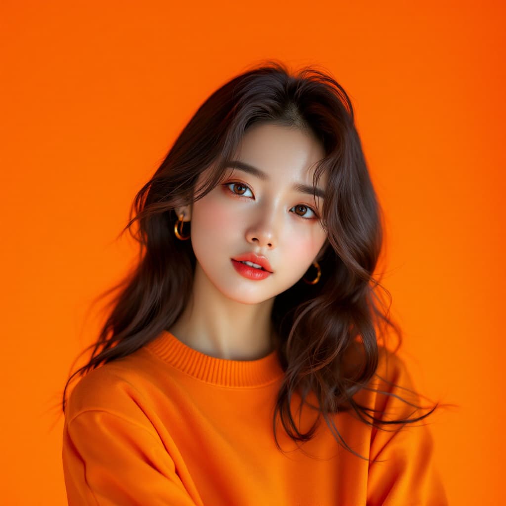 AI generated: photography, orange hue, korean woman model, solid orange backdrop, using a camera setup that mimics...
