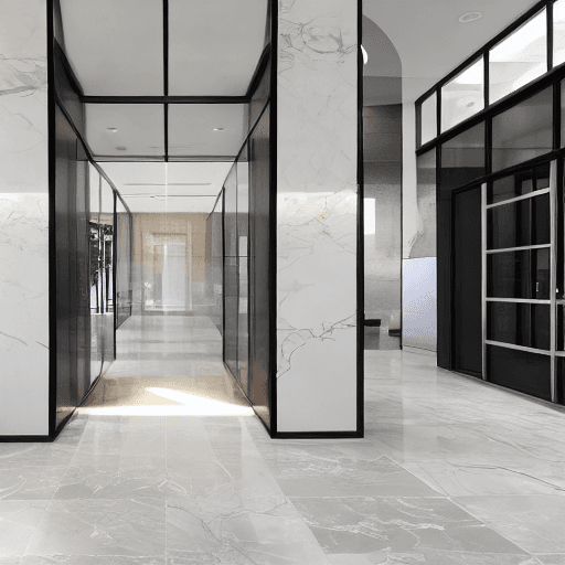 AI generated: the marble tile is in the reception area of an office building, in the style of dark white and dark ...