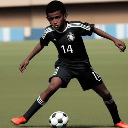 AI generated: garoto negro,aparentando 14 anos, jogando futebol na decada de 70