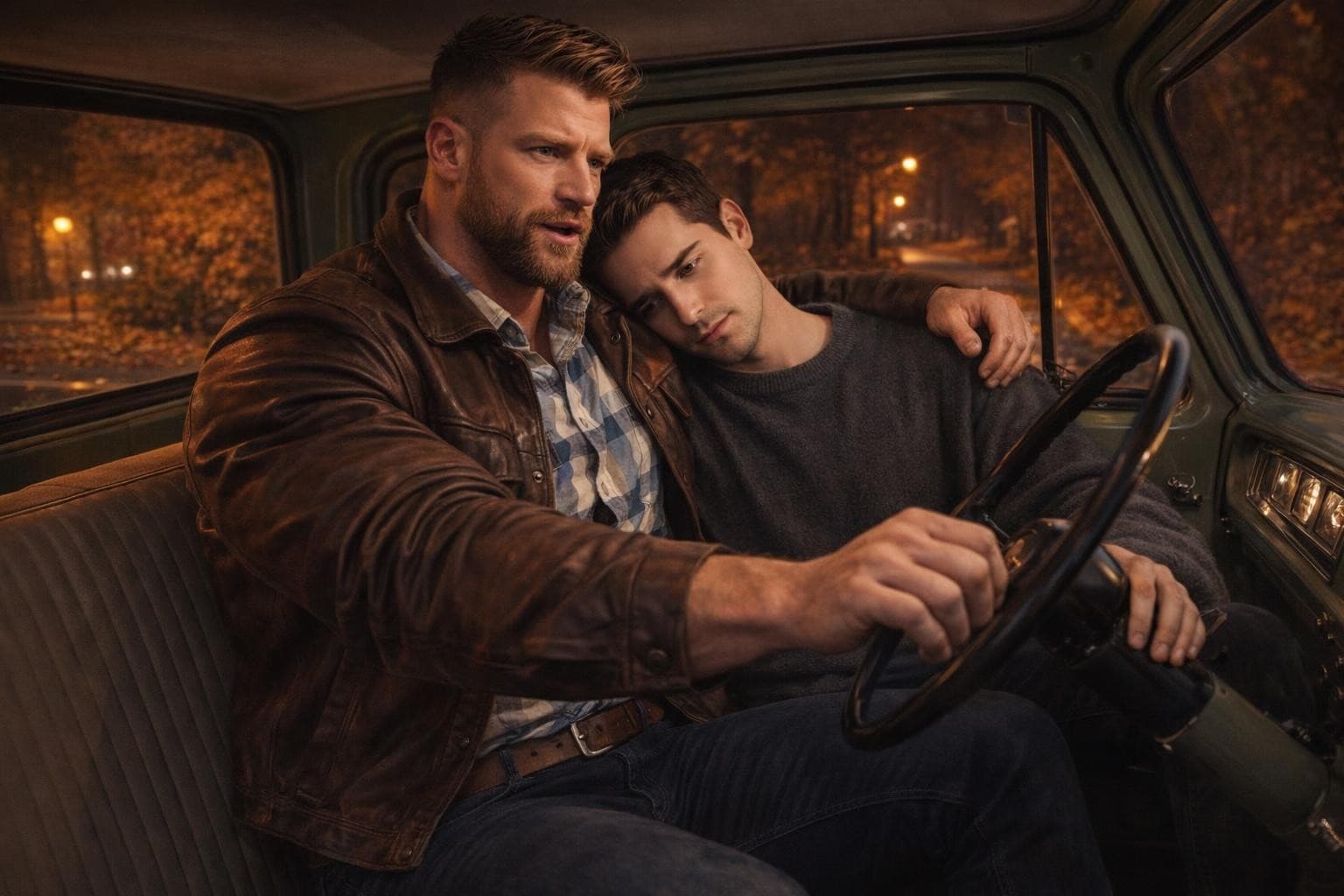 AI generated: In an Autumn night, the bodybuilder model is driving a vintage Ford olive green pick up truck. He is...
