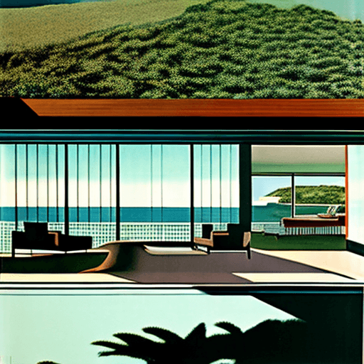 AI generated: Hyper realistic eye level exterior photo of a mid century modern style house overlooking the ocean, ...