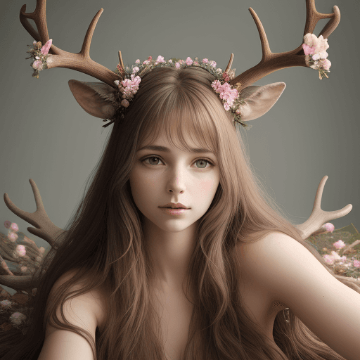 AI generated: woman on her back, hair down, deer antlers on her head with delicate flowers, realistic photo