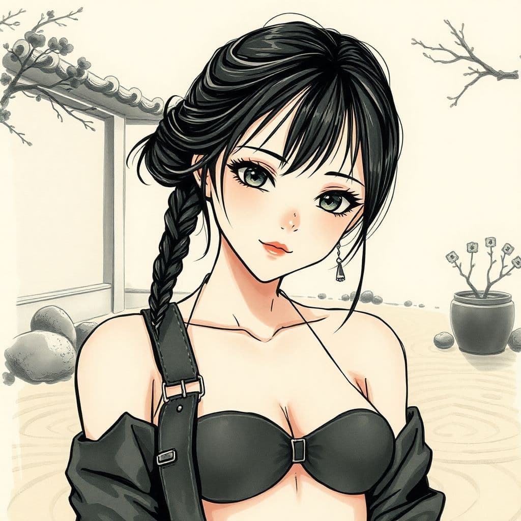 AI generated: anime full body Symbolist ink wash painting of a 24-year-old Yao-Greek female edgy rocker girl with ...