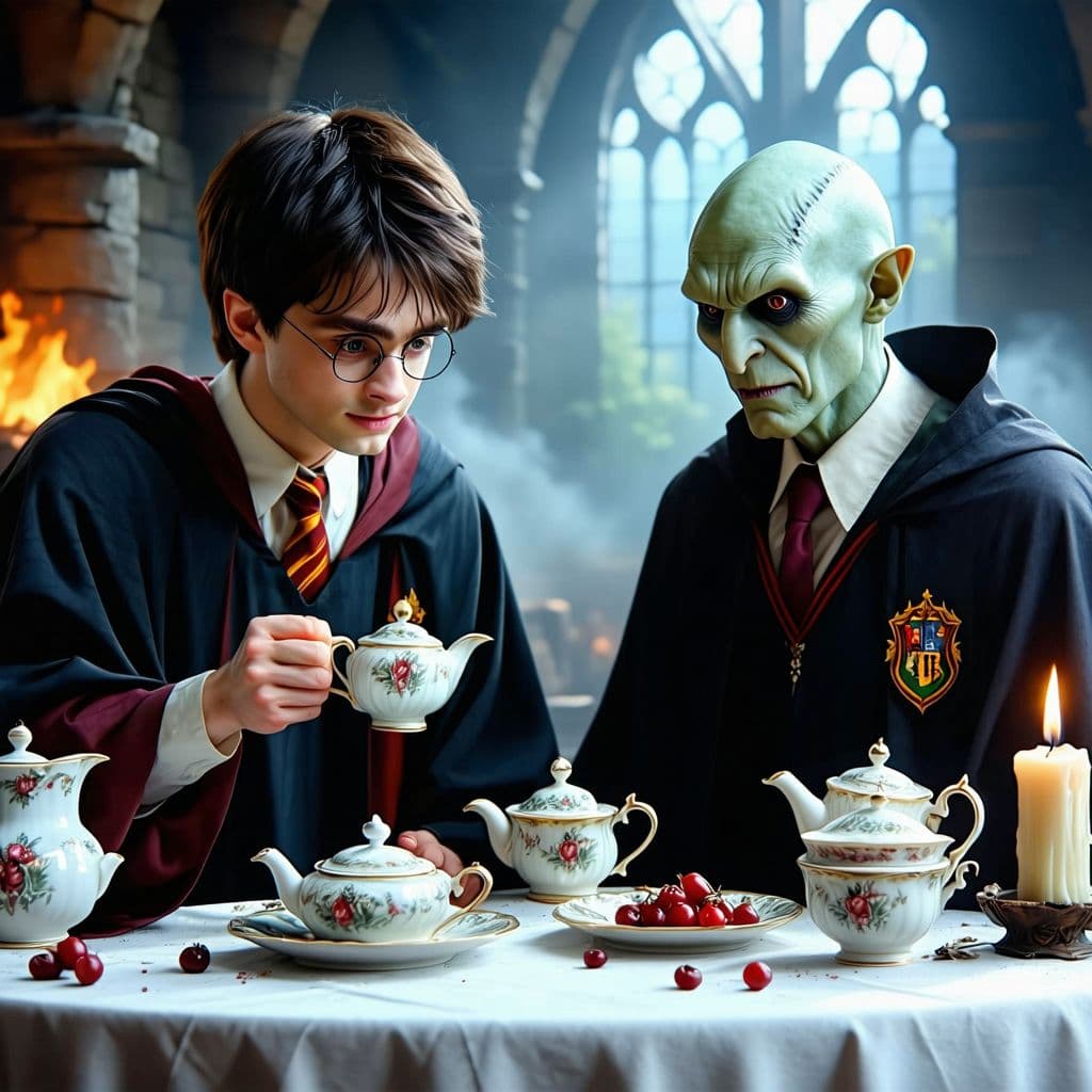 AI generated: Harry Potter and Voldemort having a tea party ((Hyperrealistic :3.3))