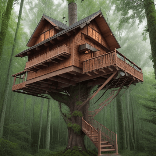 AI generated: High resolution photography exterior design, upper storey tree house on top of a tree in the forest ...