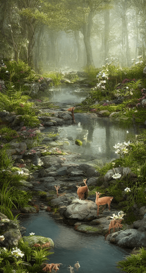 AI generated: Forest flower crystal::4 emitting glitter garden landscape with pool of clear water and baby deer dr...