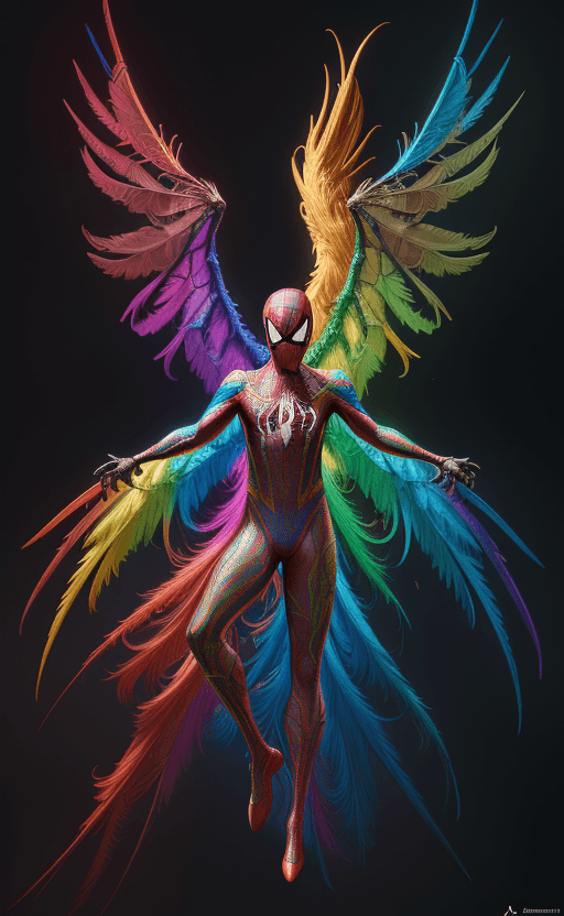 AI generated: (colorful bird posing with extreme glowing rainbow colors:1. 8), real spiderman costume,(Sigma 85mm ...