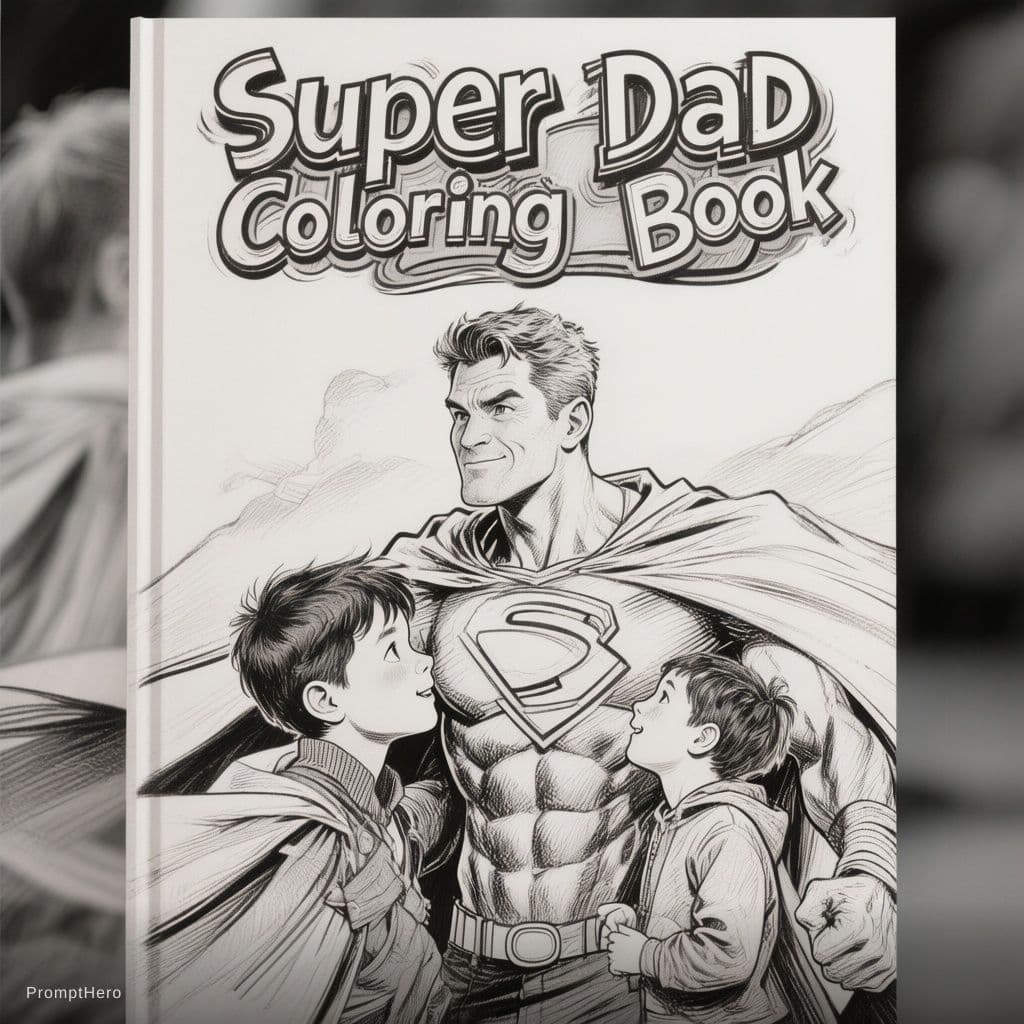 AI generated: Father as superhero with cape, child looking up admiringly, heroic pose, bold thick outlines, comic-...