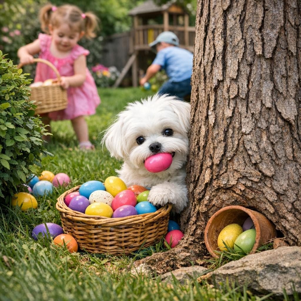 AI generated: image of an easter egg hunt in the backyard, but the little Maltese is hiding all of the eggs from t...