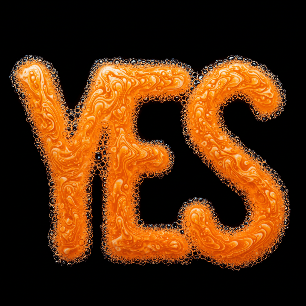 AI generated: macro photo of an orange bubbly 'YES' shape formed by soap film, with chemical erosion at the edges ...