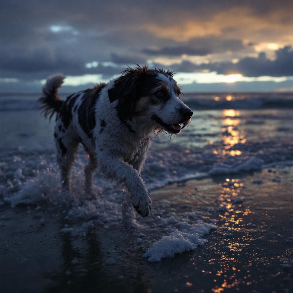 AI generated: Perro en la playa, de noche persiguiendo una pelota
