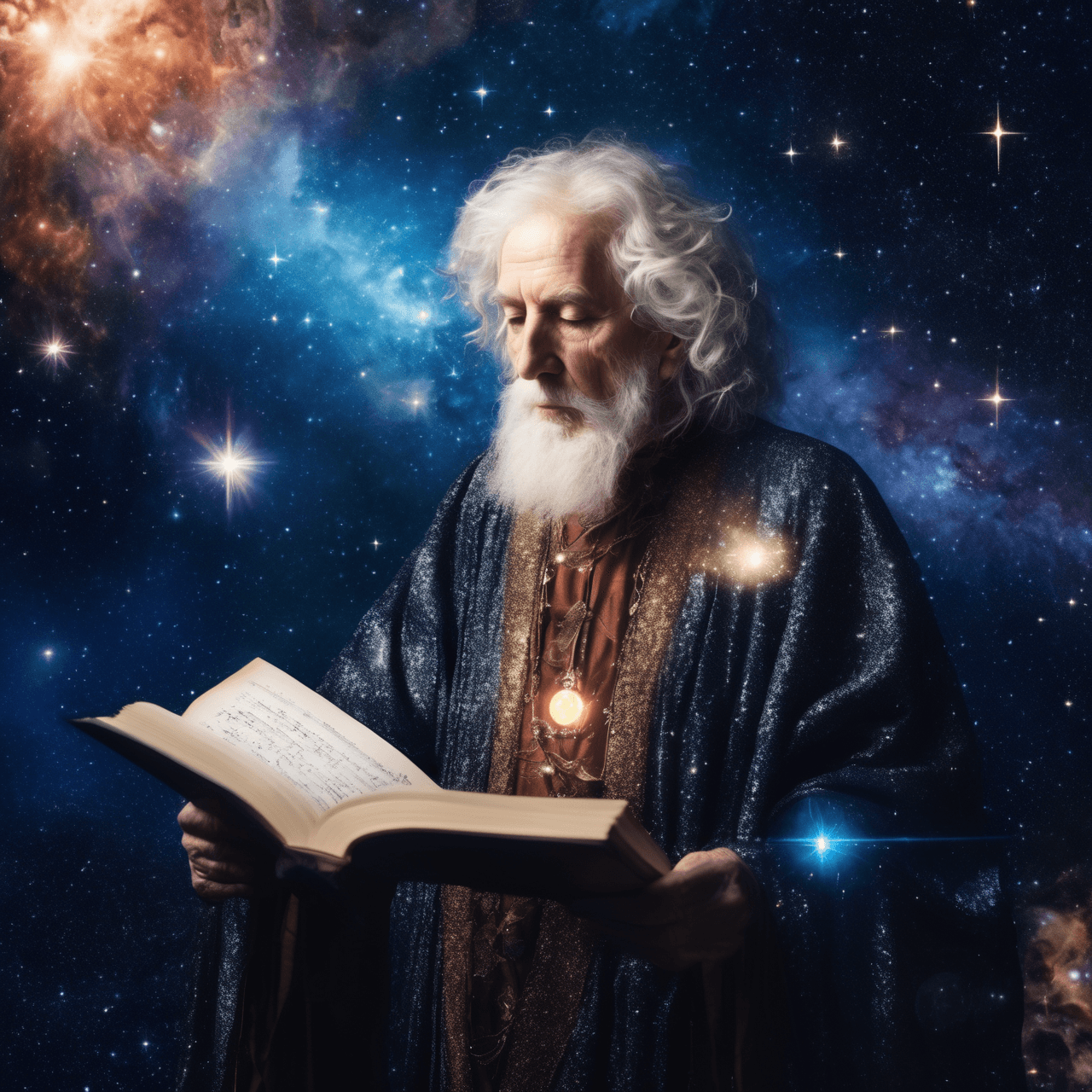 AI generated: A cosmic poet, aged 72, adorned with celestial robes, stands amidst a celestial nebula, quill in han...