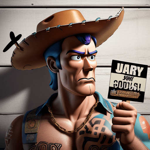 AI generated:  handsome woody the cowboy from toystory urban style chains gold rings in a jail taking his booking ...