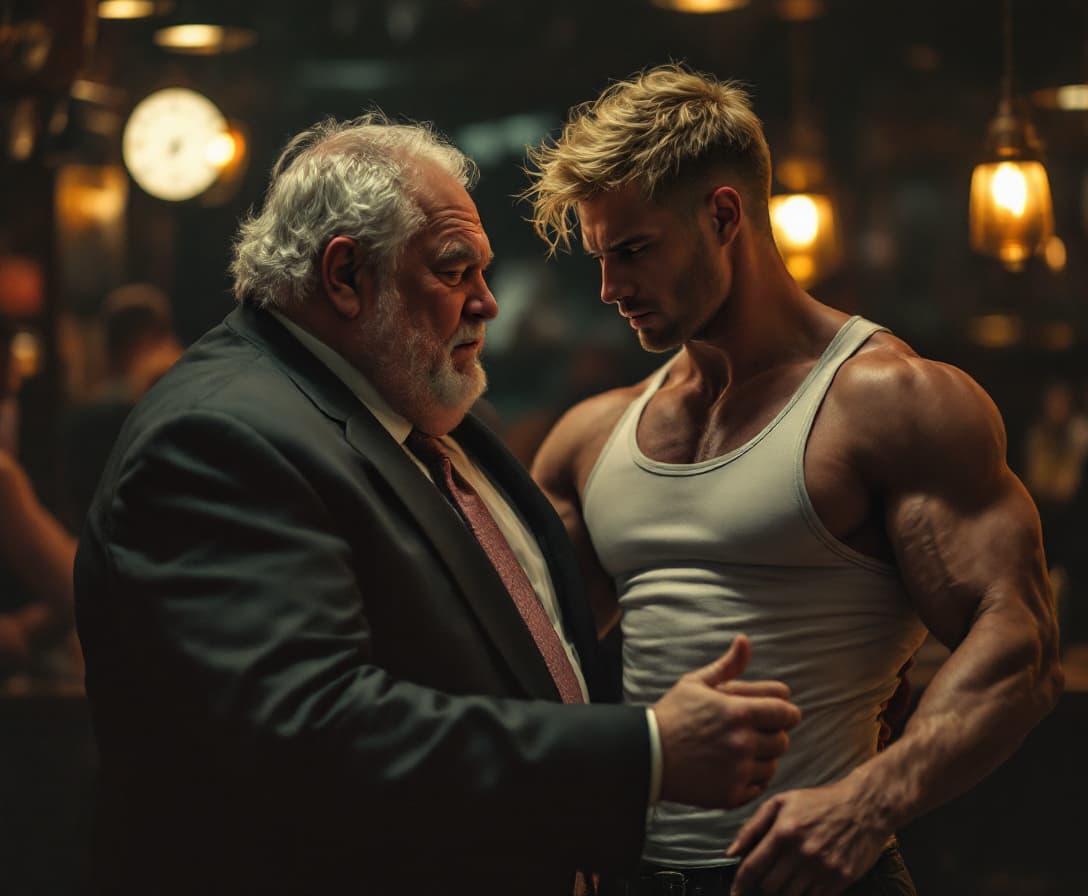 AI generated: high-resolution photo of a fat old man wearing suit and tie, dancing with extremely muscular, handso...