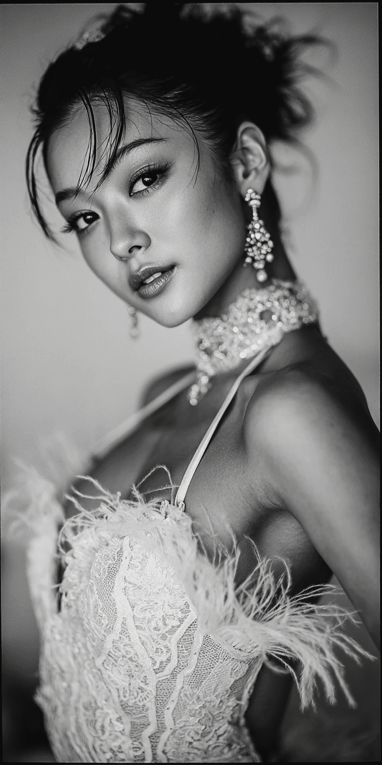 AI generated: a black-and-white studio portrait of a Japanese ballerina, with 35mm film grain, in the style of Ric...