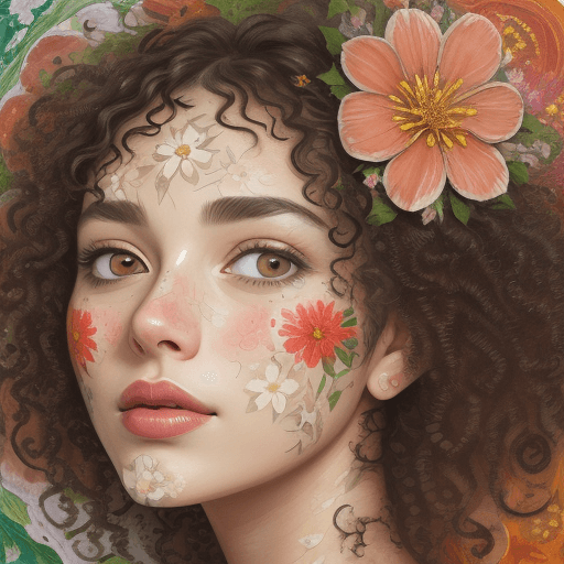 AI generated: detail of beautiful of woman face, flower printed skin, flower patterns on face, stem patterns, flow...