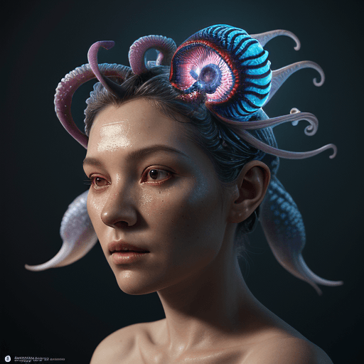AI generated: Goddess close-up portrait ribcagel. jellyfish phoenix head, nautilus, orchid, skull, betta fish, bio...