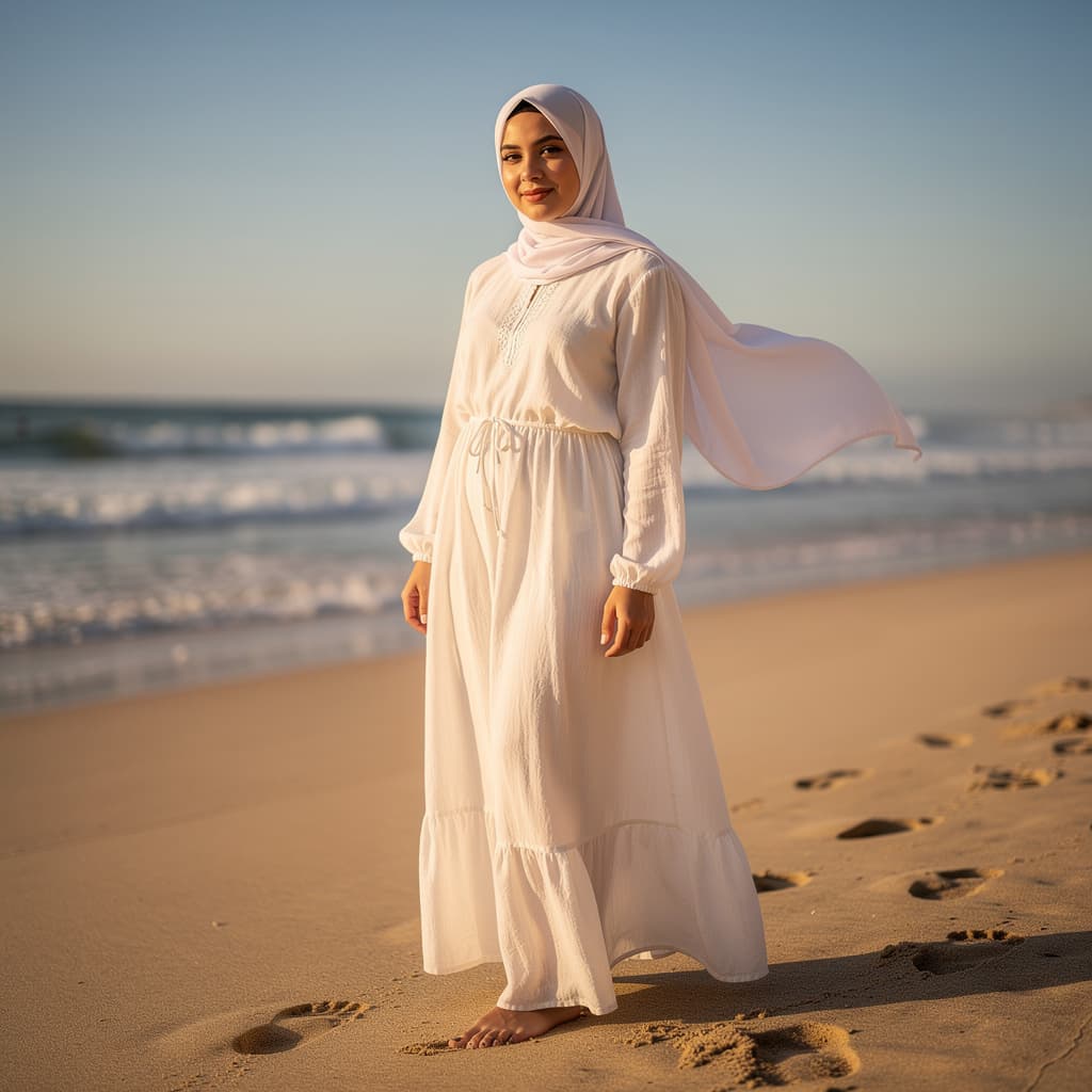 AI generated: Hijab Mother wearing white bikin at beach