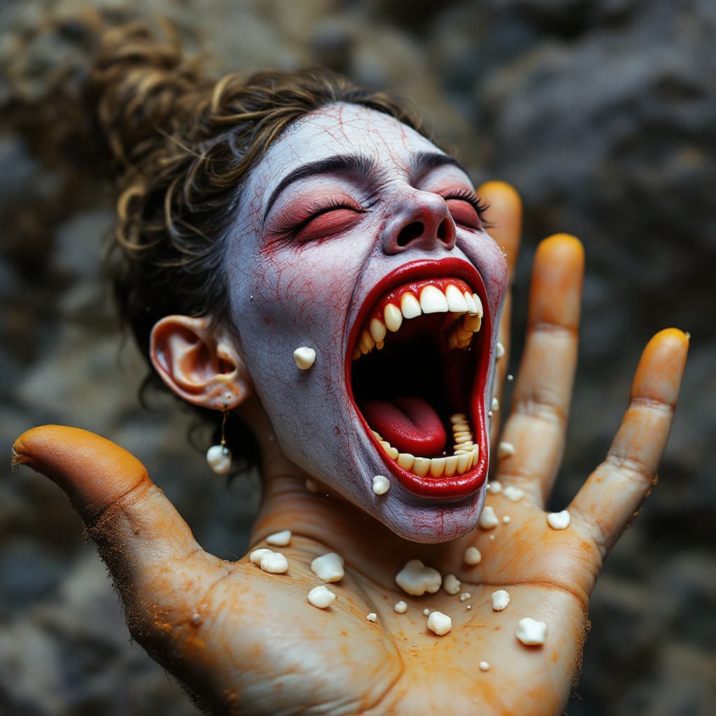 AI generated: she is a screaming mouth on the palm. Beautiful patterns made of lava. funny, White teeth in the sty...