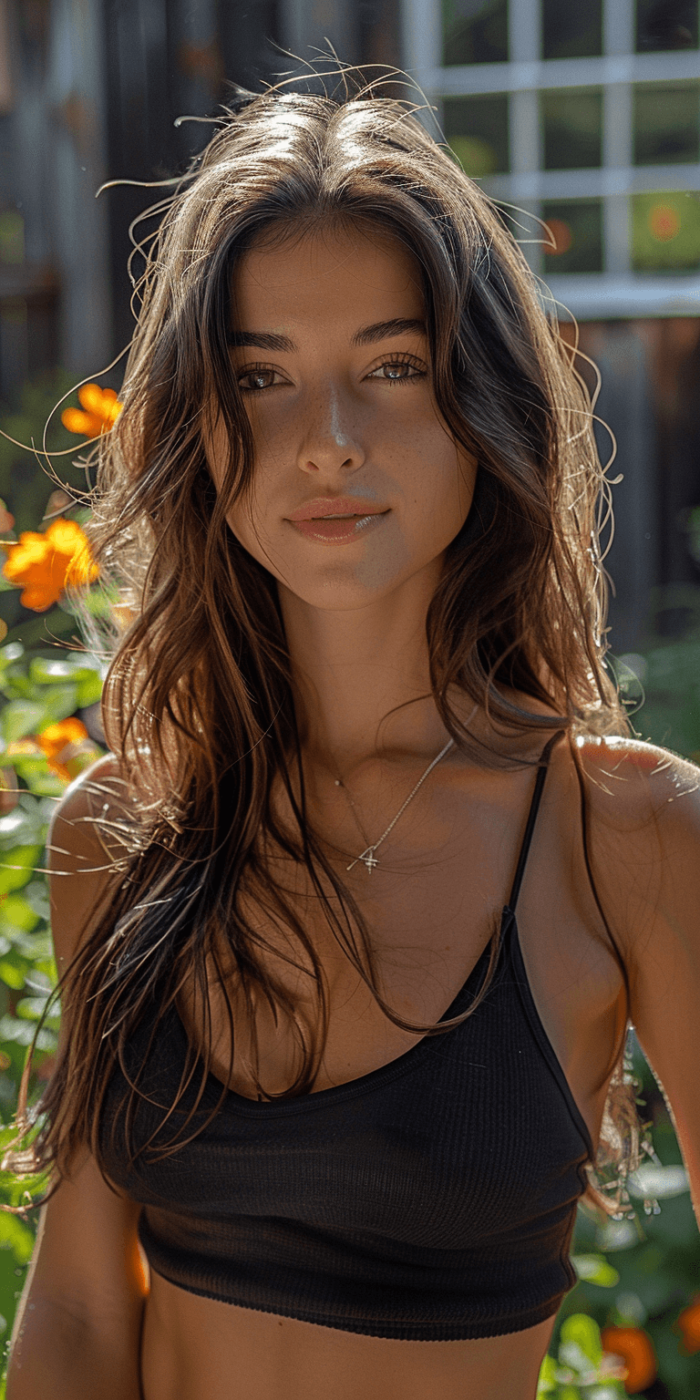 AI generated: an iPhone 15 selfie of an attractive woman with long straight hair, garden setting, looking at the c...