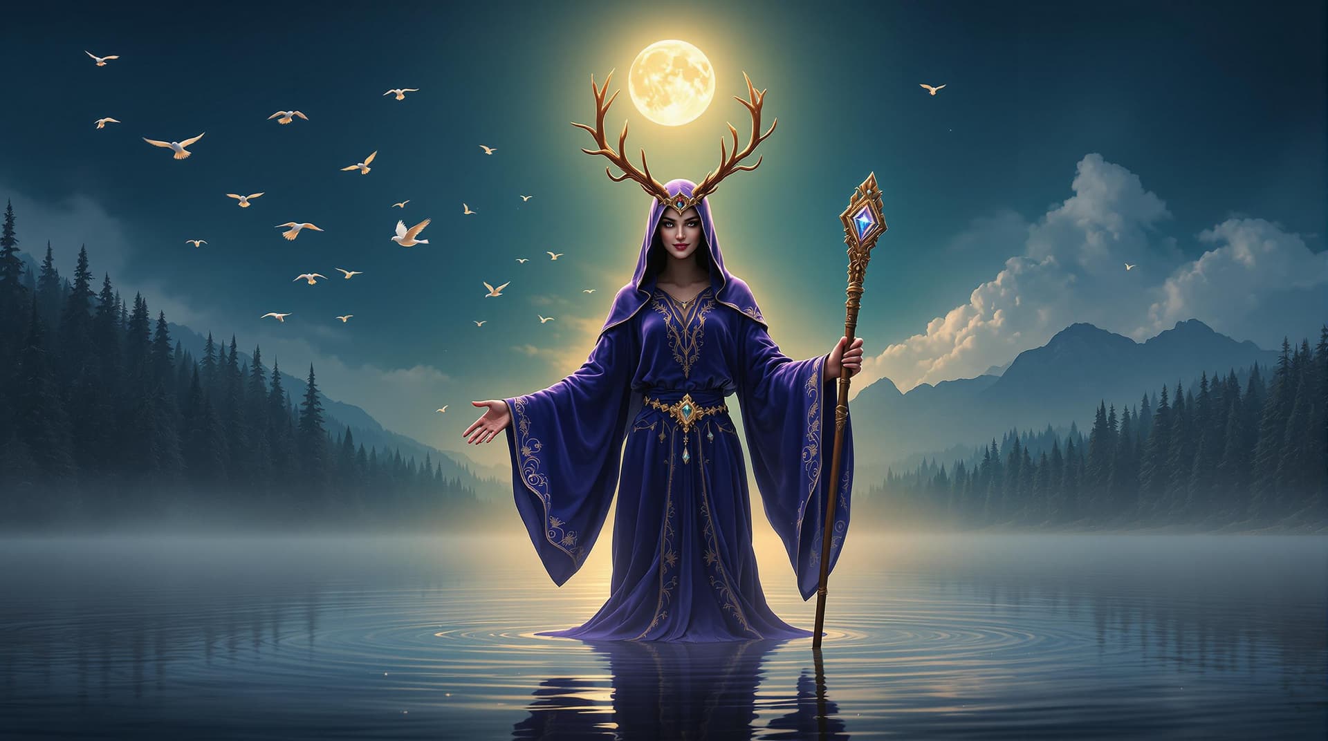 AI generated: a mystical figure standing serenely in a shallow body of water, surrounded by an ethereal aura. The ...