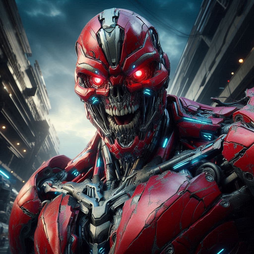 AI generated: ultra-wide photo red sci-fi armor with cyber helmet,horrible face, horror style, sneering smile, sha...