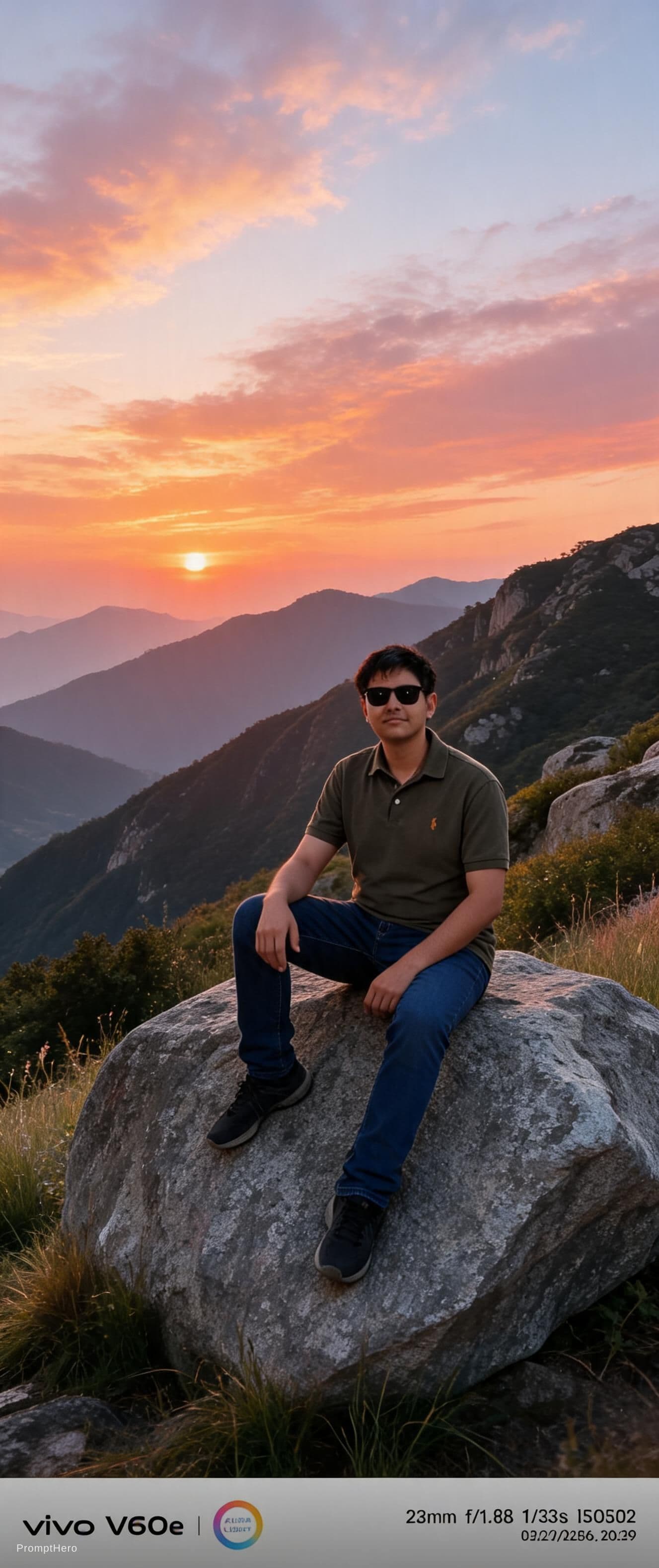 AI generated: the boy is sitting on a rock, impressive landscape