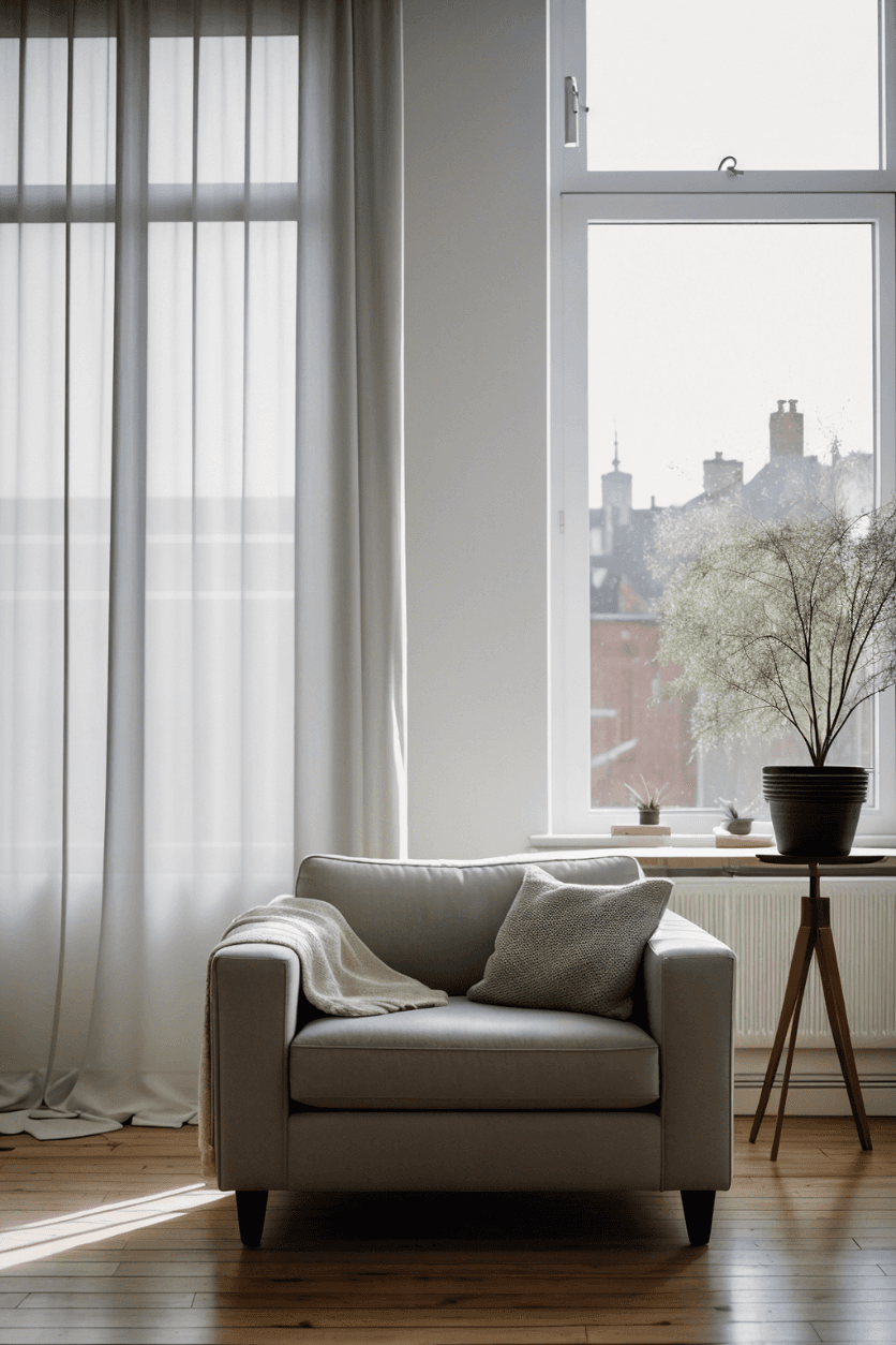 AI generated: mid-sized living room with a candid angle, dieter rams 620 chair program, flos arco floor lamp, Niko...