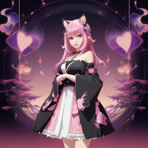 AI generated: a woman with a cat ears and a dress on is standing in front of a colorful background, anime style 4 ...