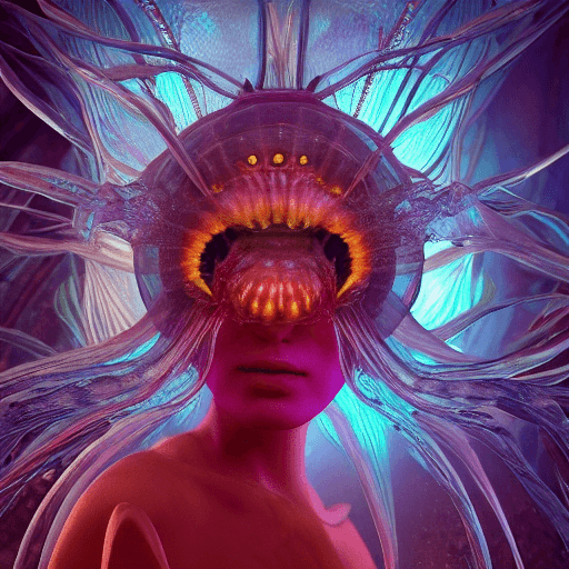 AI generated: Goddess close-up portrait ribcagel. jellyfish phoenix head, nautilus, orchid, skull, betta fish, bio...