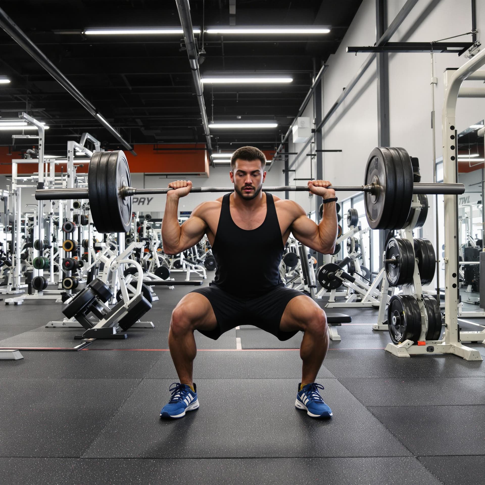 AI generated: empty gym, front profile, man in gym clothes doing squats with weights