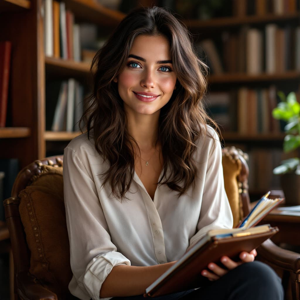 AI generated:  A photorealistic portrait of Lingviana, a 26-year-old Spanish woman in a cozy university office, su...
