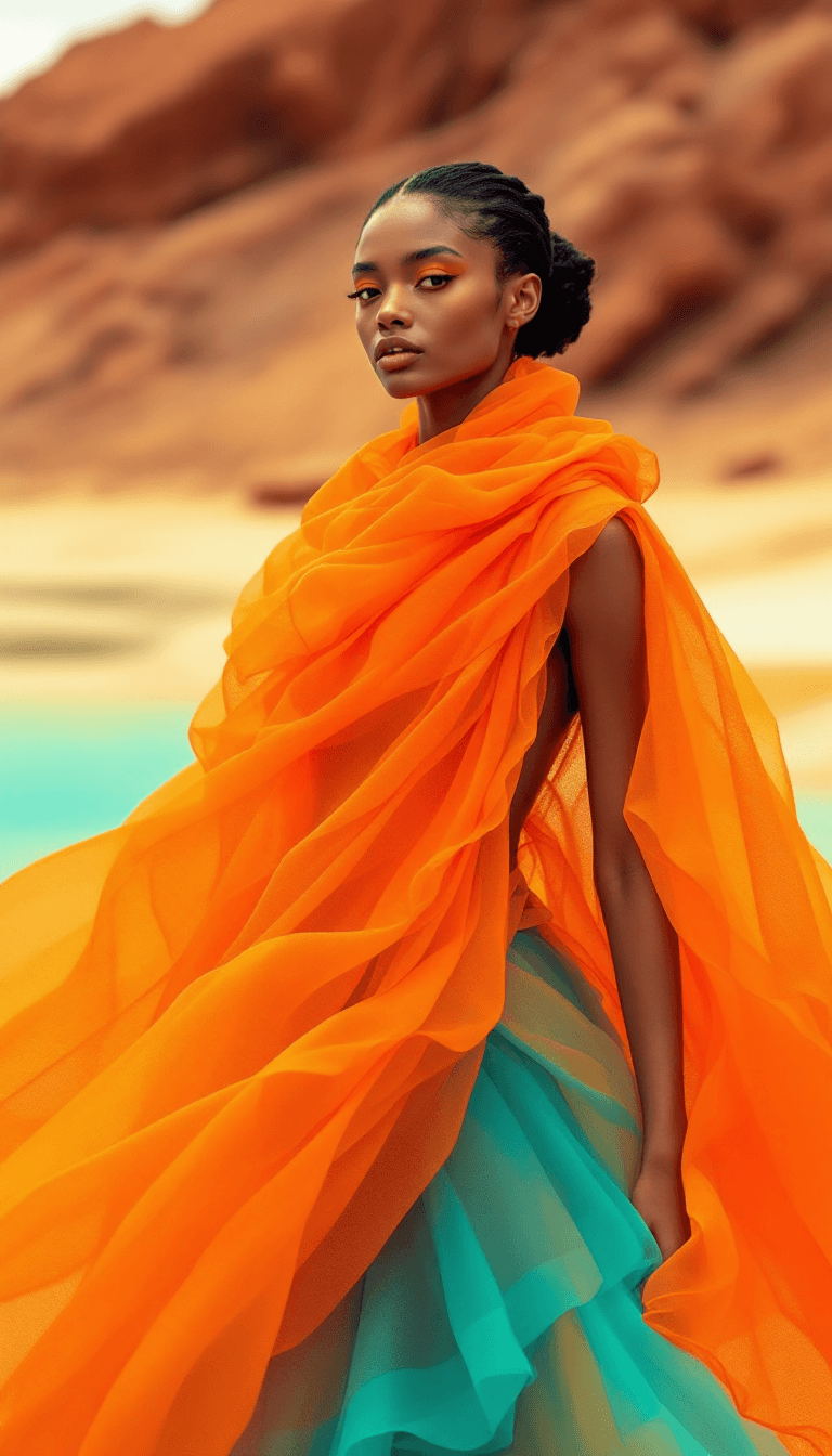 AI generated: high end fashion shoot, fashion, stunning model wearing extravagent futuristic foam and orange toned...