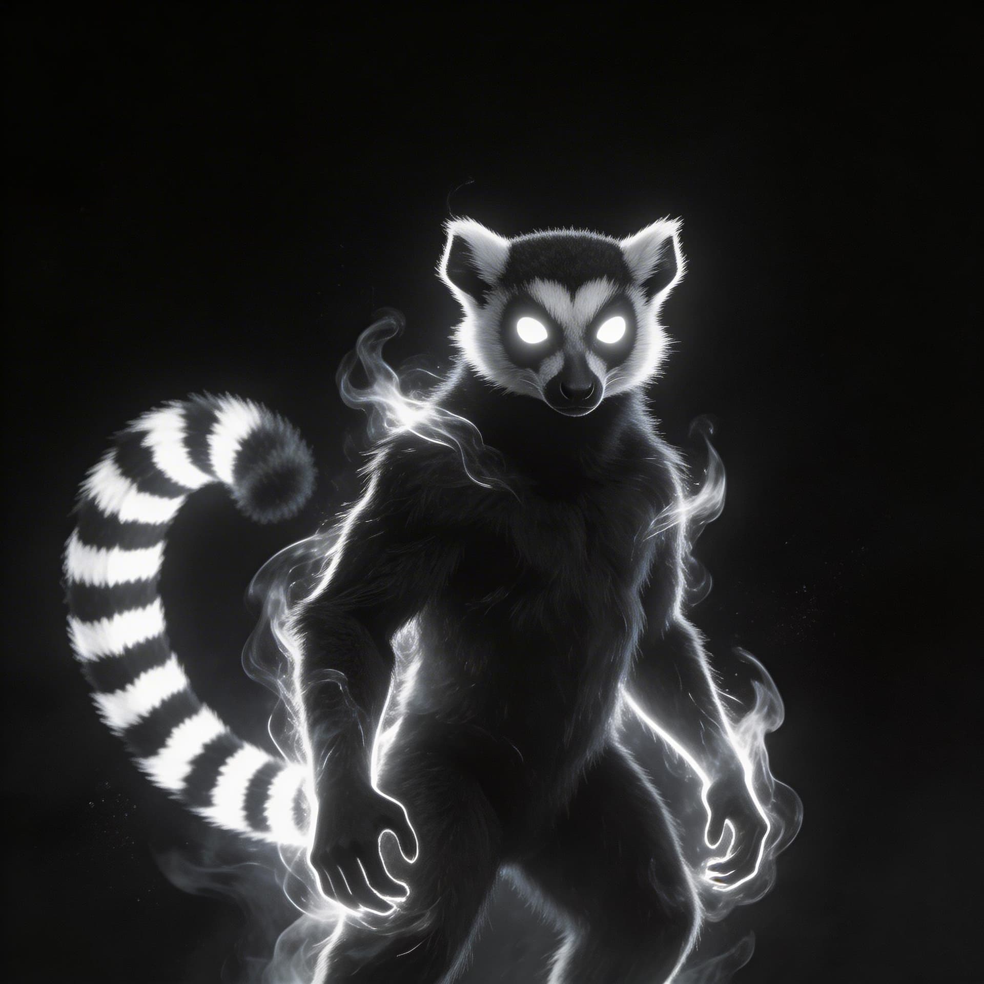 AI generated: create a lemur god of the void and nothingness with power flowing of him inside a void of nothingnes...