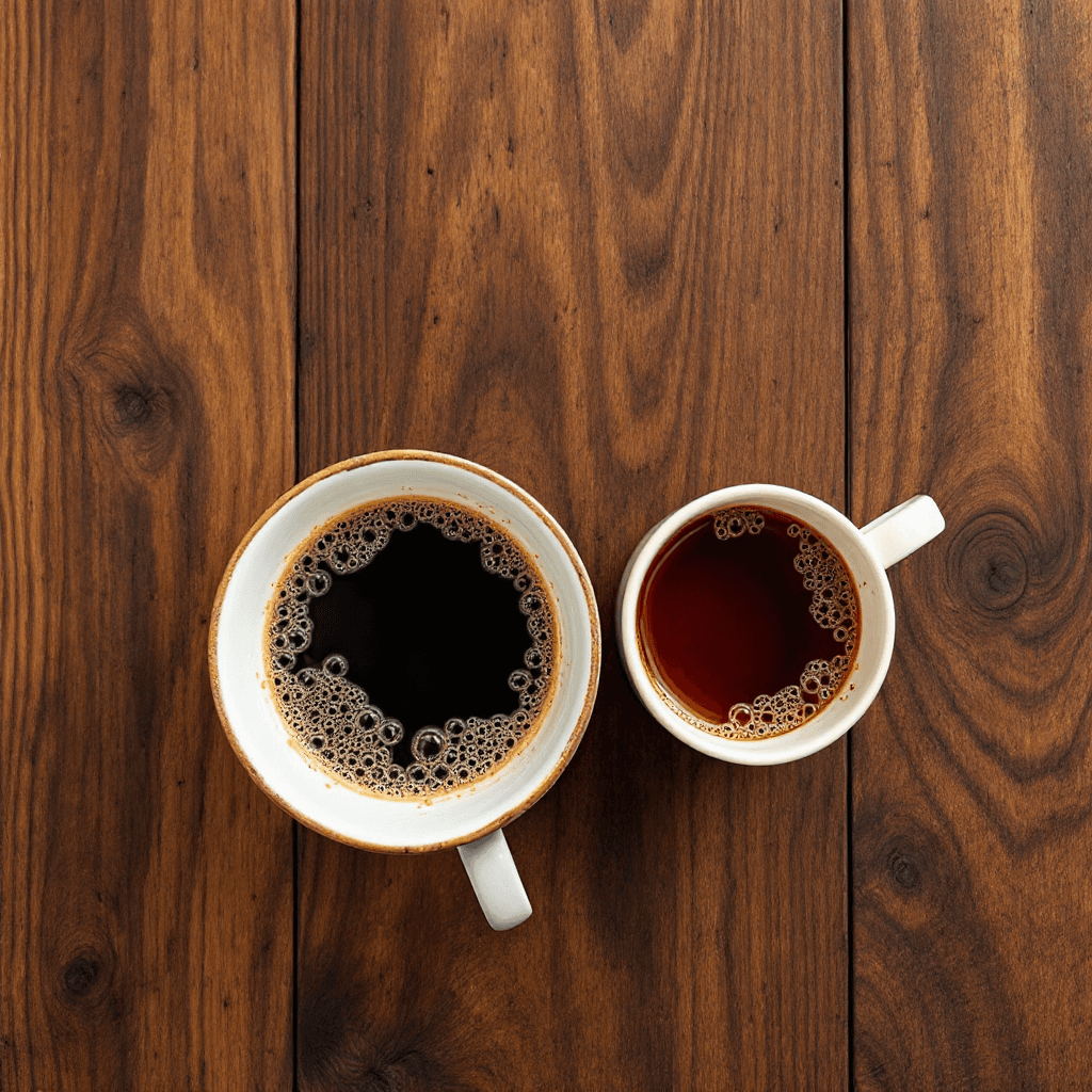 AI generated: A cenital view of two cups, one of them filled with coffee and the other with tea.