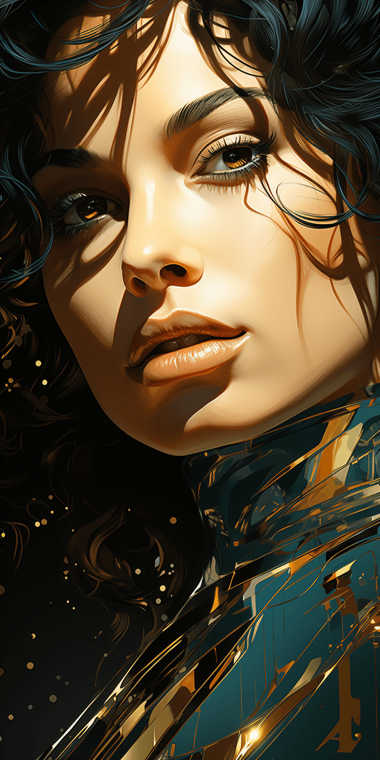 AI generated: a woman's portrait, and some of her hair, in the style of graphic design poster art, close-up intens...
