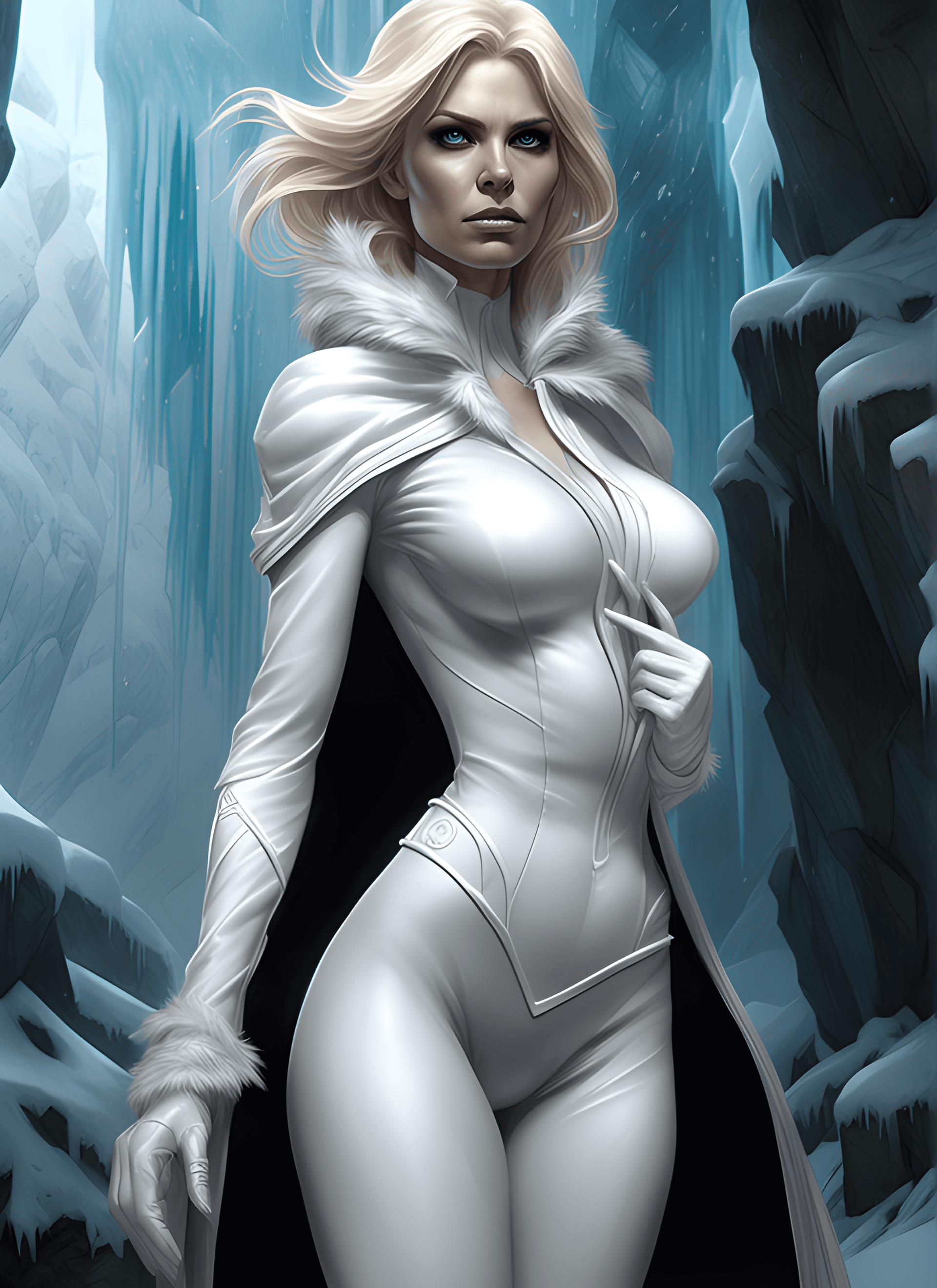 AI generated: full body portrait of Emma Frost at frozen cave by Marvel, Adam Fisher art, full body, hyper detaile...