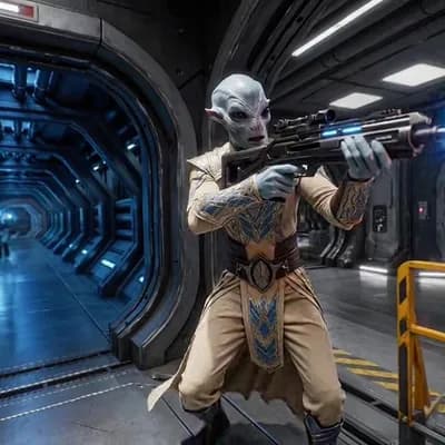 AI generated video: The characters from Reference Image 2 are engaged in a firefight within the environment shown in Ref...