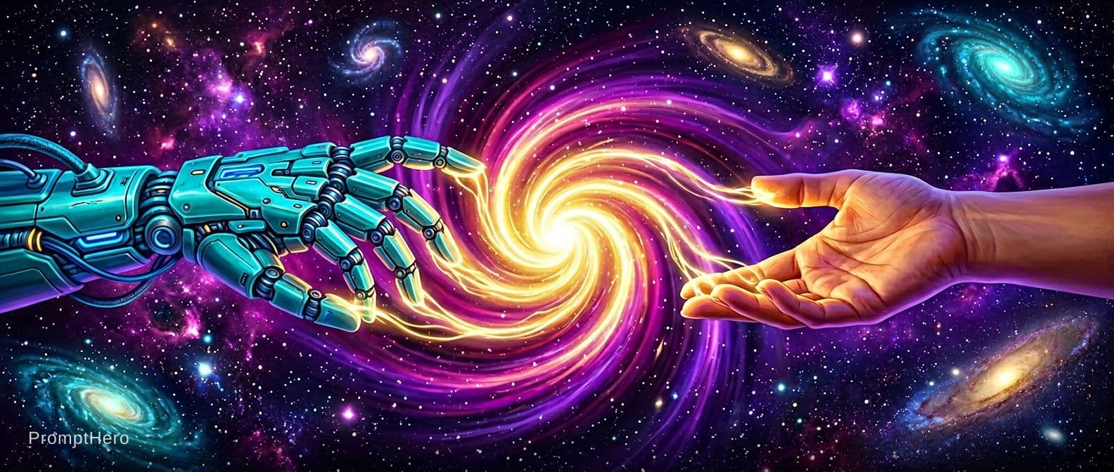 AI generated: 2 Hands. Hand 1: Robot hand, colour turquois metal, relaxed open, palm downward. Hand 2: Human, fema...