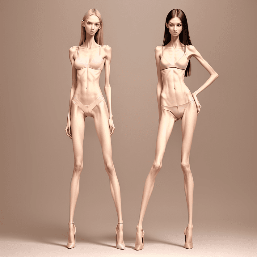 AI generated: photo of two an extremely skinny, flat-chested model with extreme long and skinny legs with extreme ...