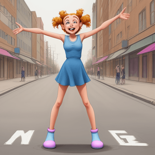 AI generated: drawing of a happy girl, with arms and hands and legs and perfect feet, standing in the street; cart...
